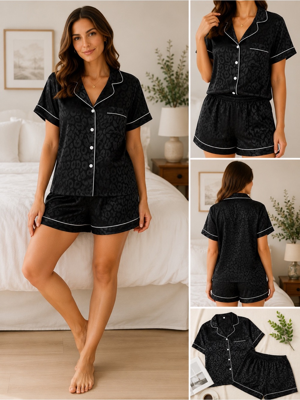 NEW CCB Black Satin Leopard-Print Pajama Set White Piping Button-Down + Shorts M
